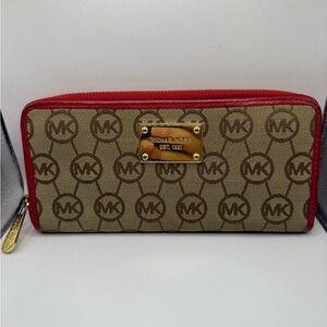 Michael Kors Women's Wallet Red & Tan with Red Interior Gold Zipper 8" X 4"